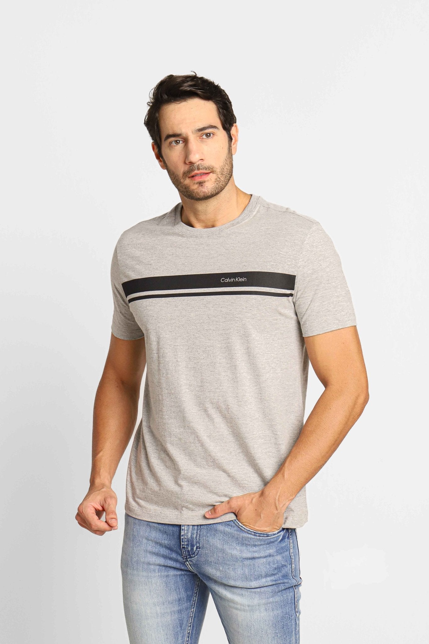 Camiseta Calvin Klein Logo Striopes Cinza - Henri Store