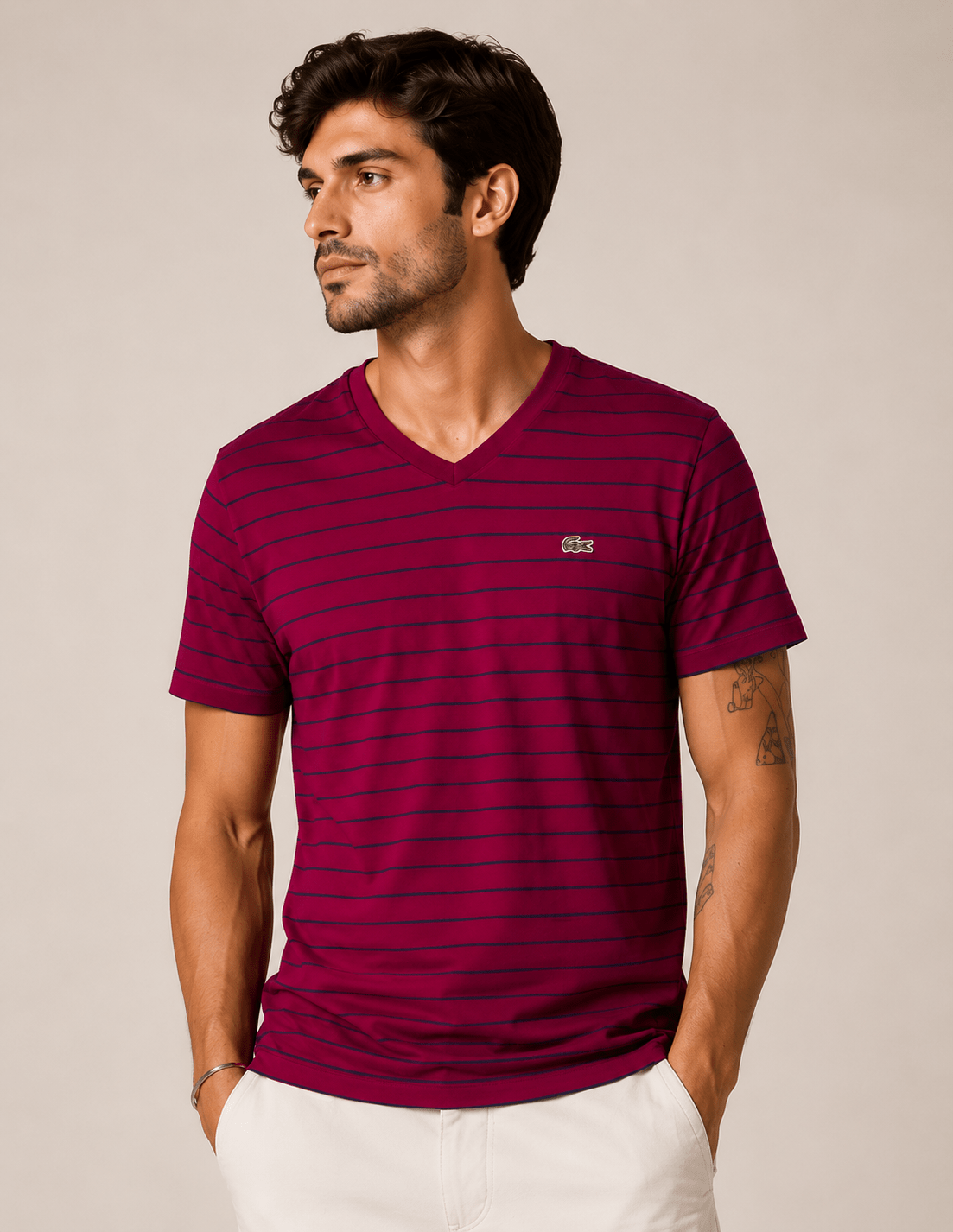 Camiseta Lacoste Gola V Listrada Vinho C/ Marinho - LIVE - Henri Store