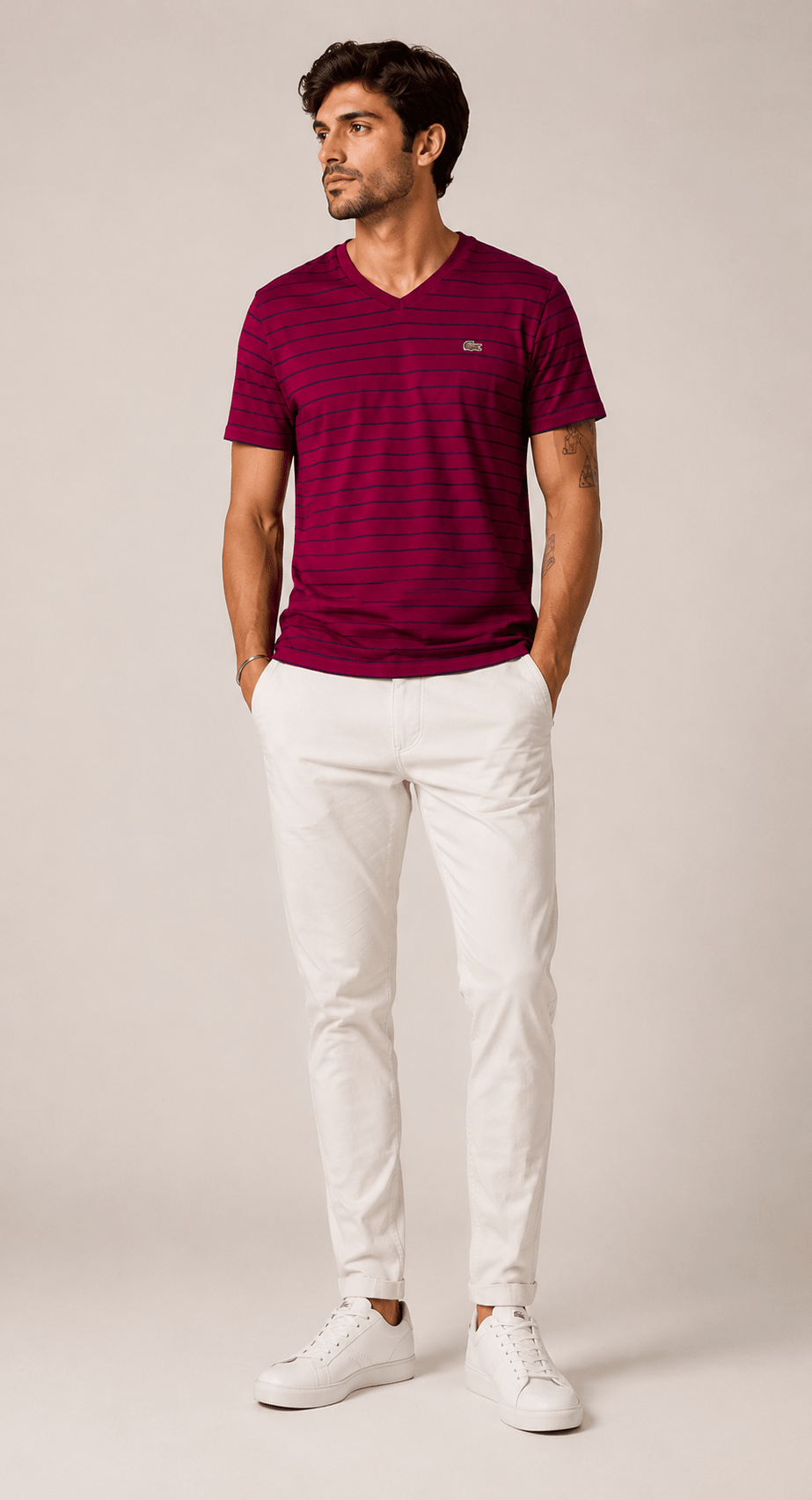 Camiseta Lacoste Gola V Listrada Vinho C/ Marinho - LIVE - Henri Store