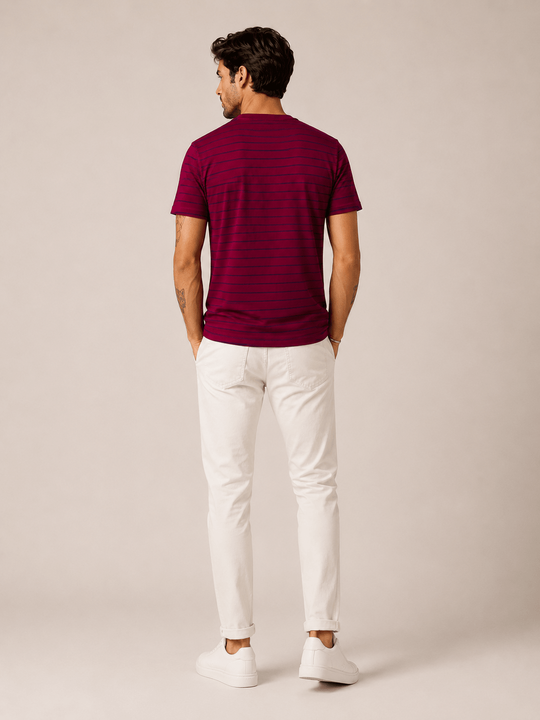Camiseta Lacoste Gola V Listrada Vinho C/ Marinho - LIVE - Henri Store