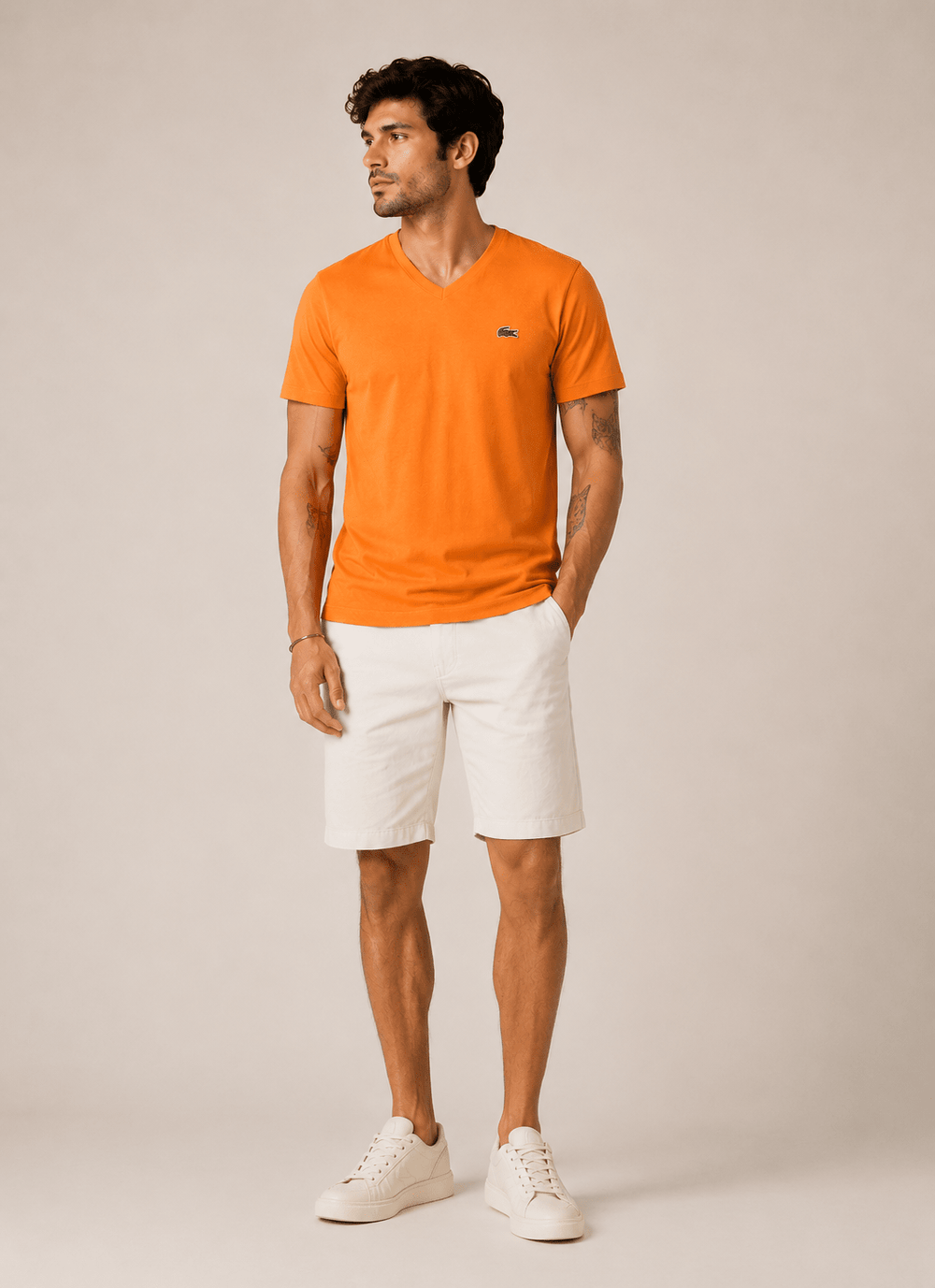 Camiseta Lacoste Regular Fit Laranja Basica Gola V - LIVE - Henri Store