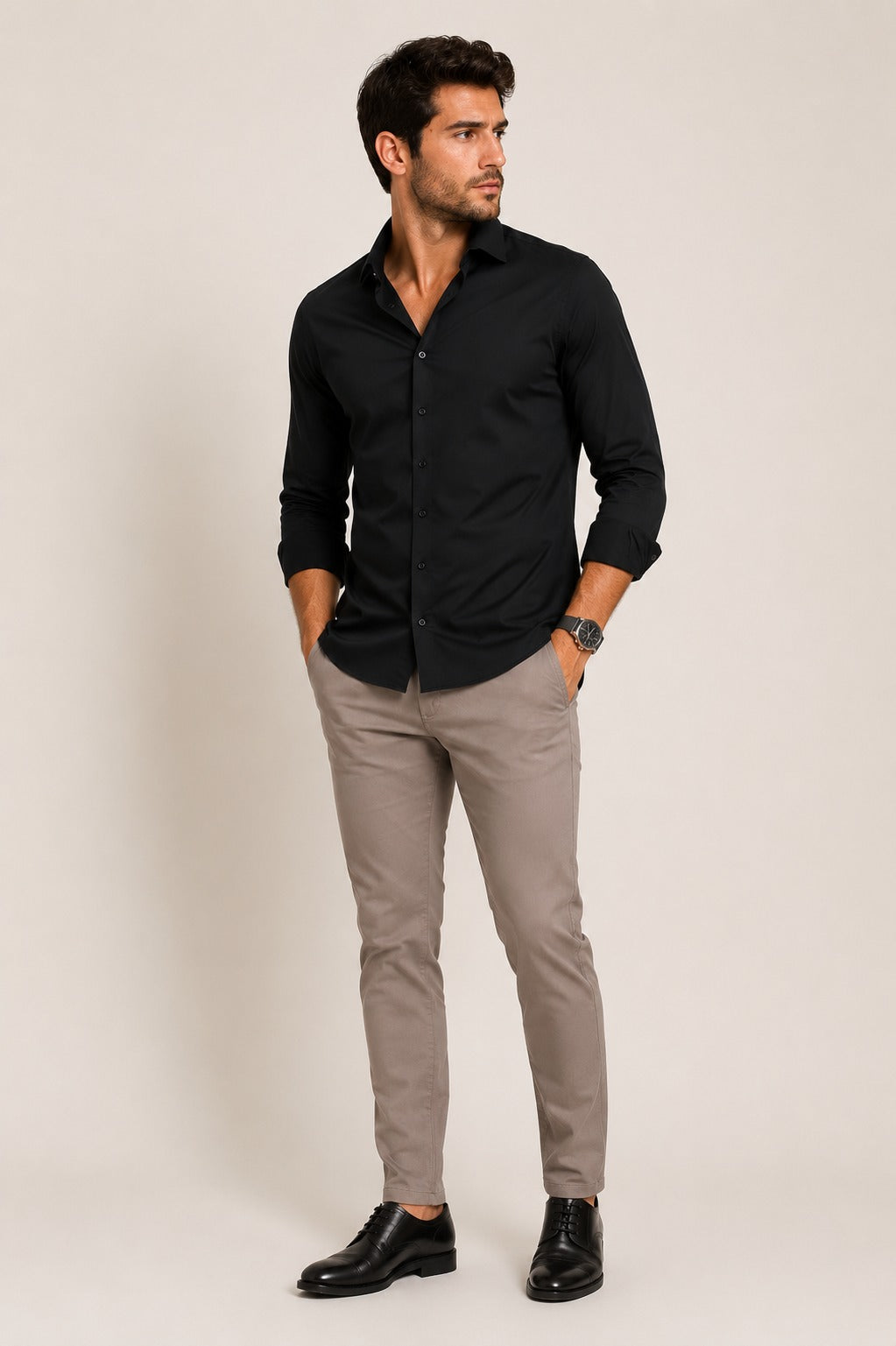 Camisa Calvin Klein Ml Slim Fit Logo Bordado Peito Preto