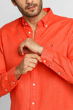 Camisa Tommy Hilfiger Linho ml Regular Fit Coral