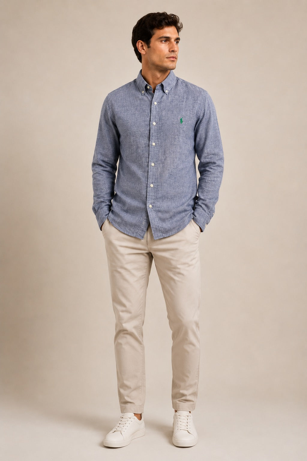 Camisa RL Manga Longa Custom Fit Azul / Small Poney Verde