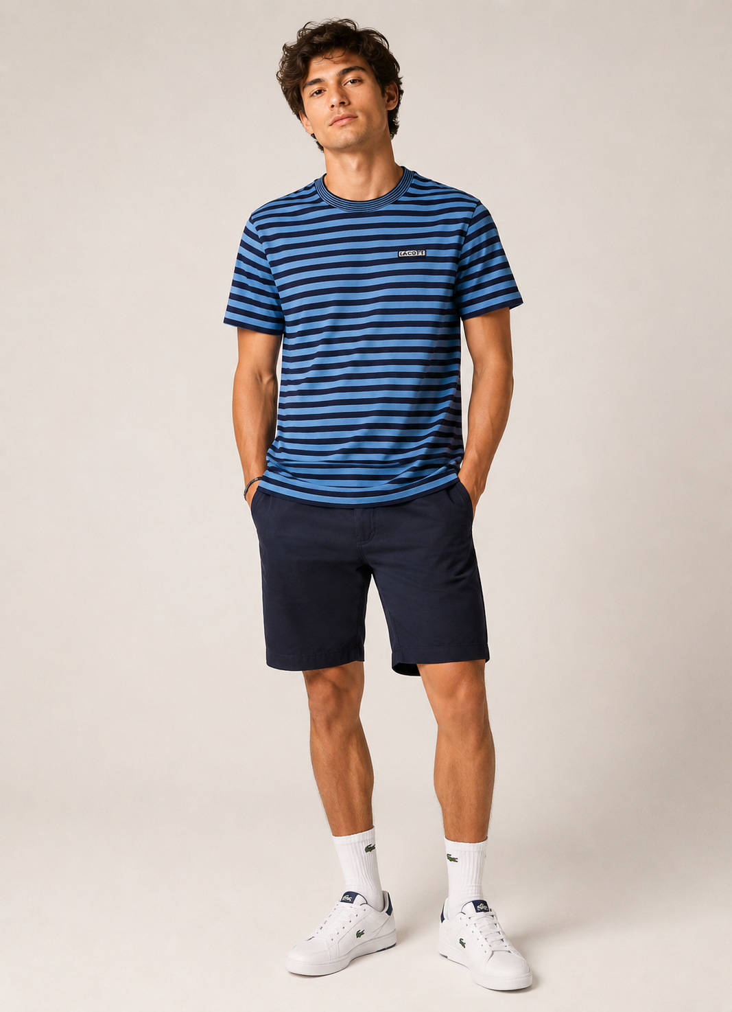 Camiseta Lacoste Regular Fit Listrada Azul - LIVE