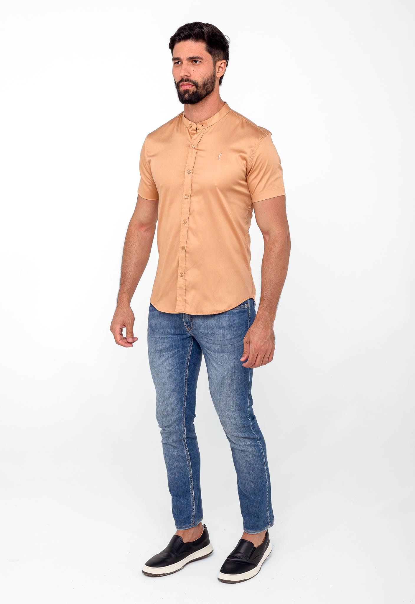 Camisa Zip Off mc Slim Fit Gola Padre Ocre 35559