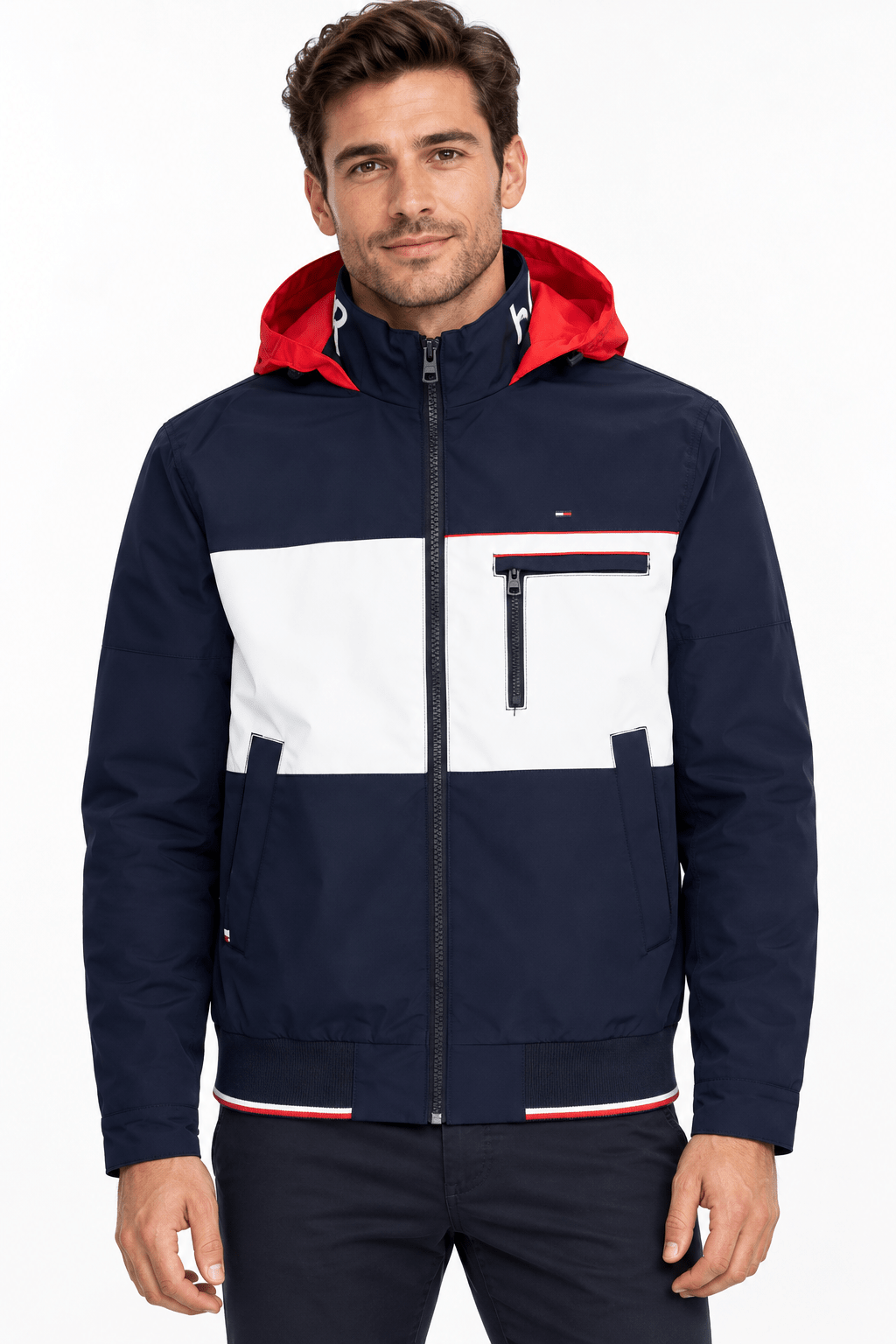Jaqueta Tommy Hilfiger Marinho Faixa Branca C/ Capuz Colorblock - Henri Store