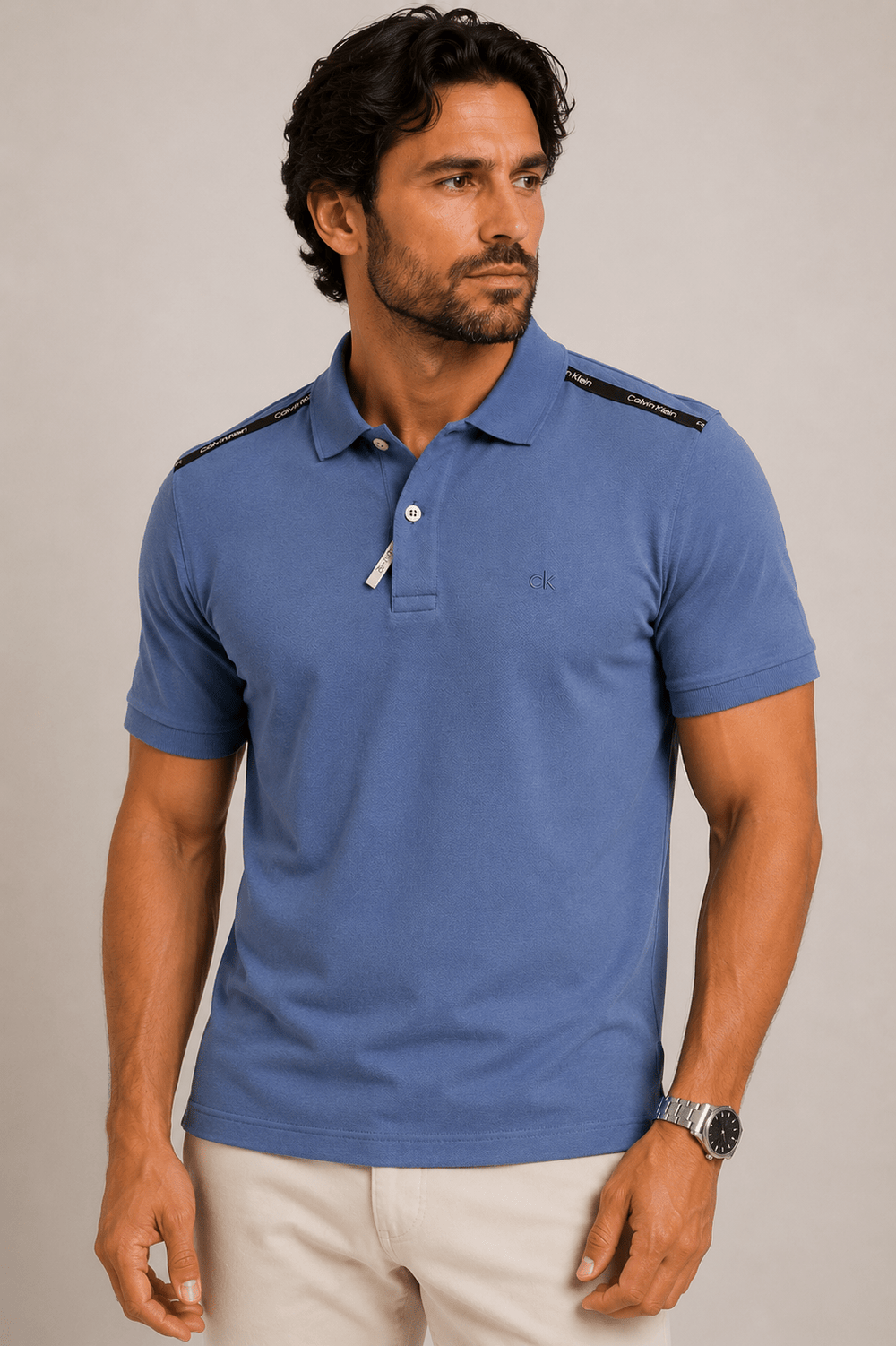 Polo Calvin Klein Slim Fit Logo Ombros Azul - Henri Store
