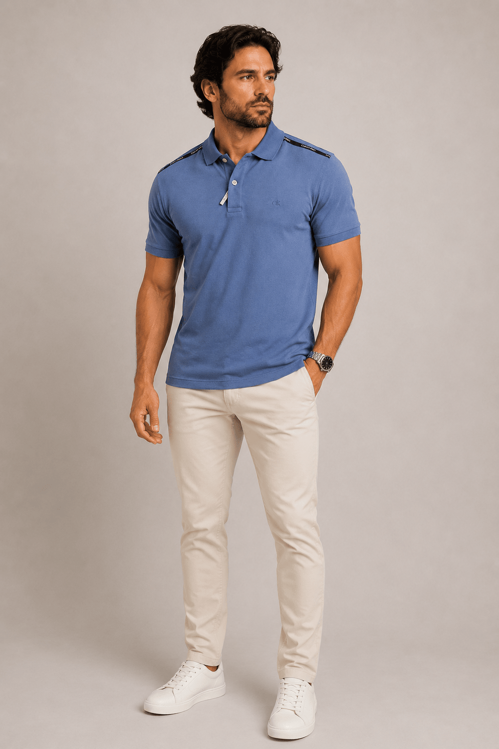 Polo Calvin Klein Slim Fit Logo Ombros Azul - Henri Store