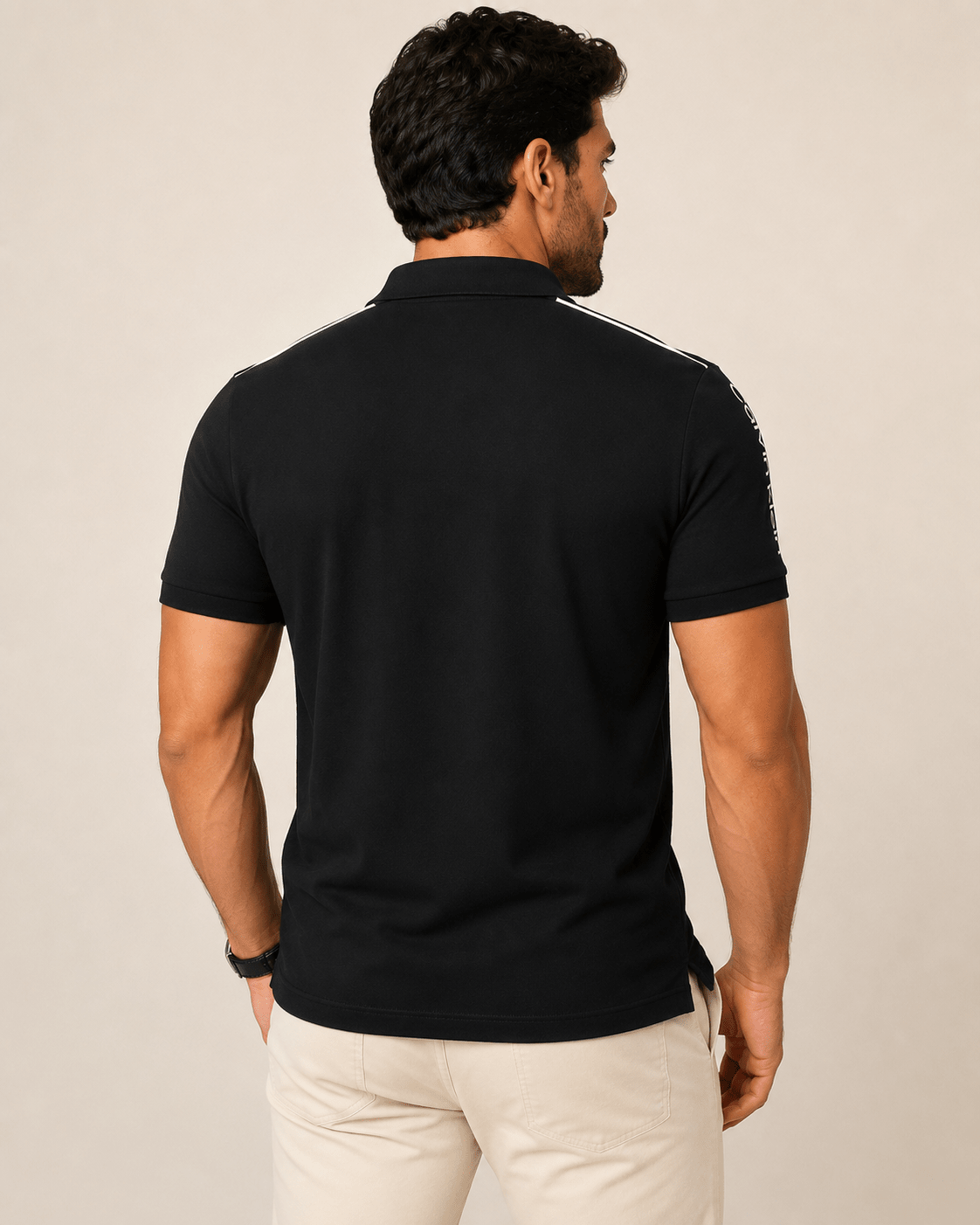 Polo Calvin Klein Slim Fit Preta C/ Listra E Escrita No Ombro - Henri Store