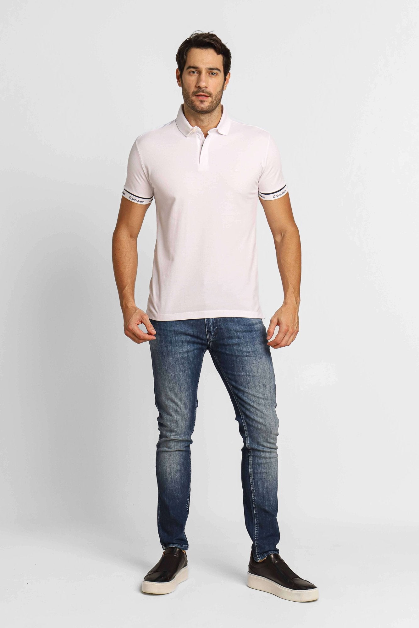 Polo Masculina Calvin Klein Slim Fit Logo Punho C/ Ziper Branco - Henri Store