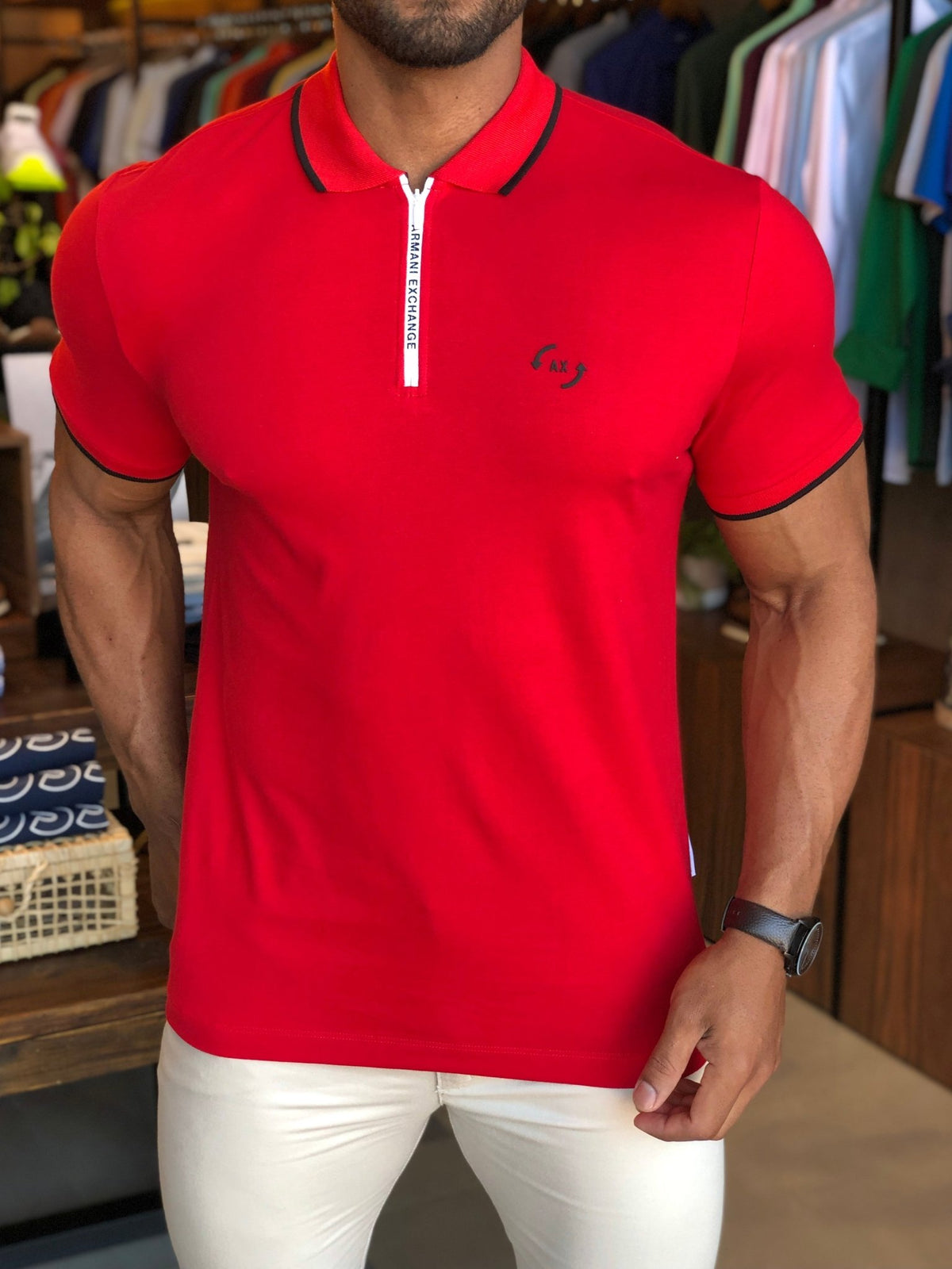 Polo Masculina Regular Armani Exchange com Zíper Vermelha - Henri Store