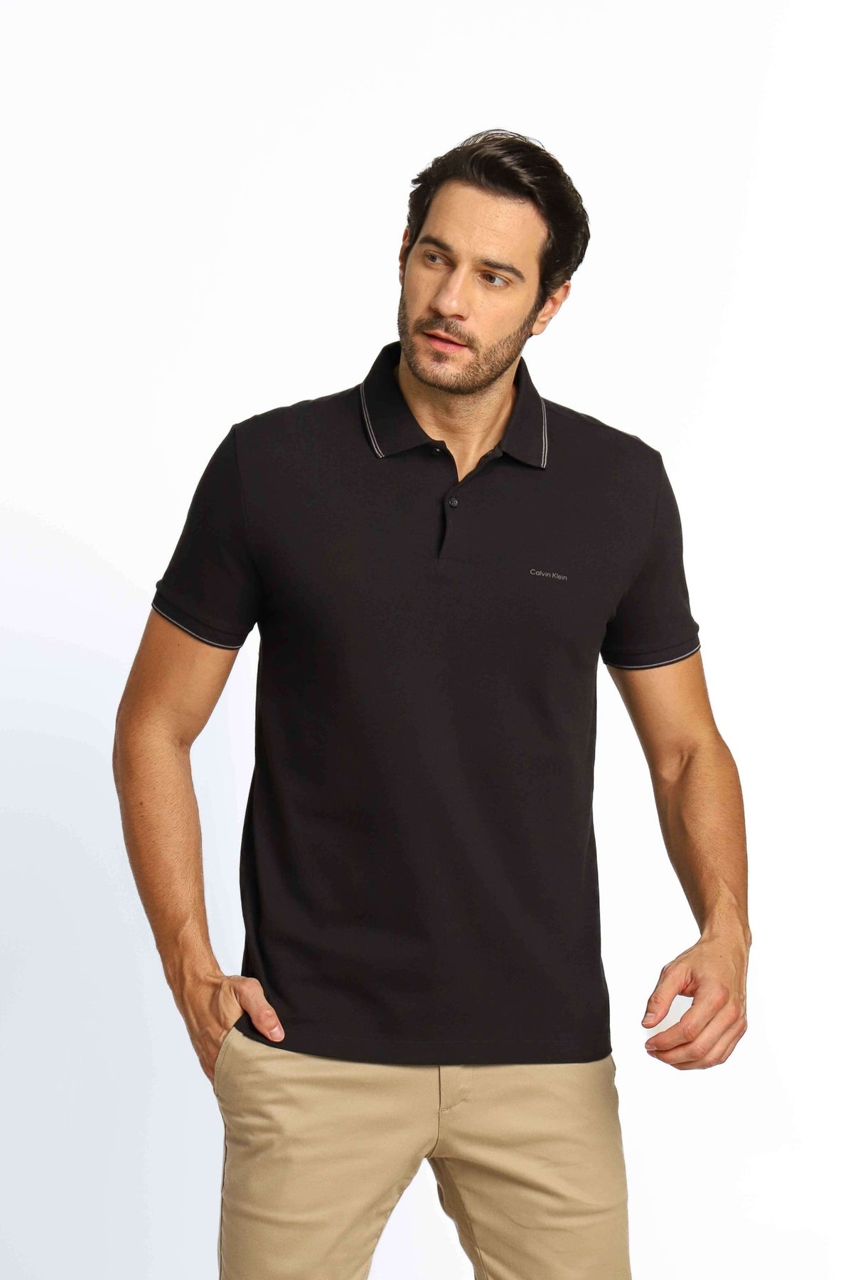 Polo Masculina Regular Básica Calvin Klein Preta com Dois Frisos Mescla - Henri Store