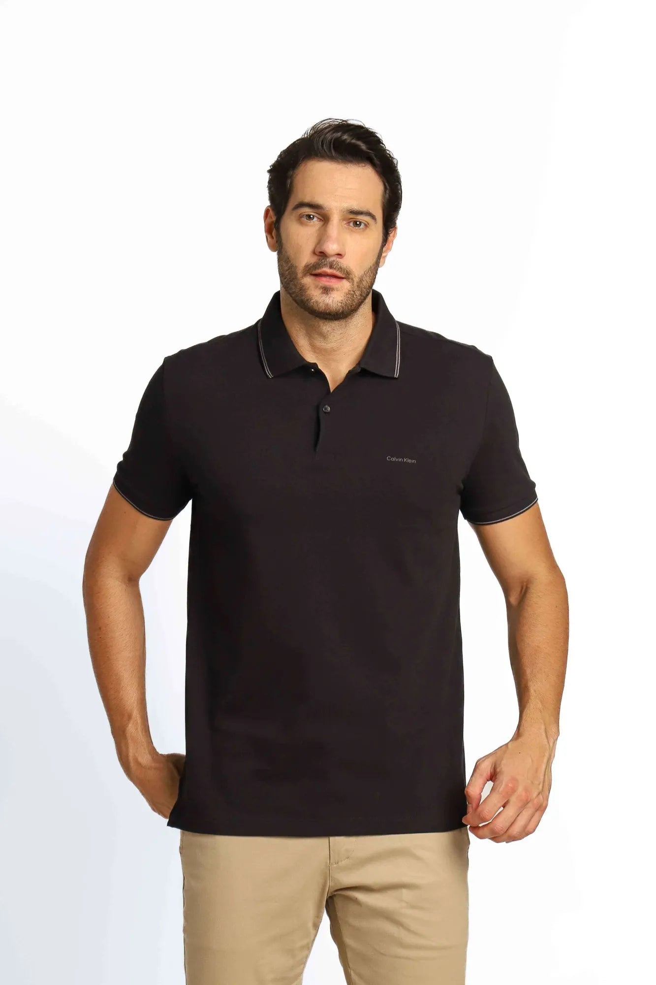 Polo Masculina Regular Básica Calvin Klein Preta com Dois Frisos Mescla - Henri Store
