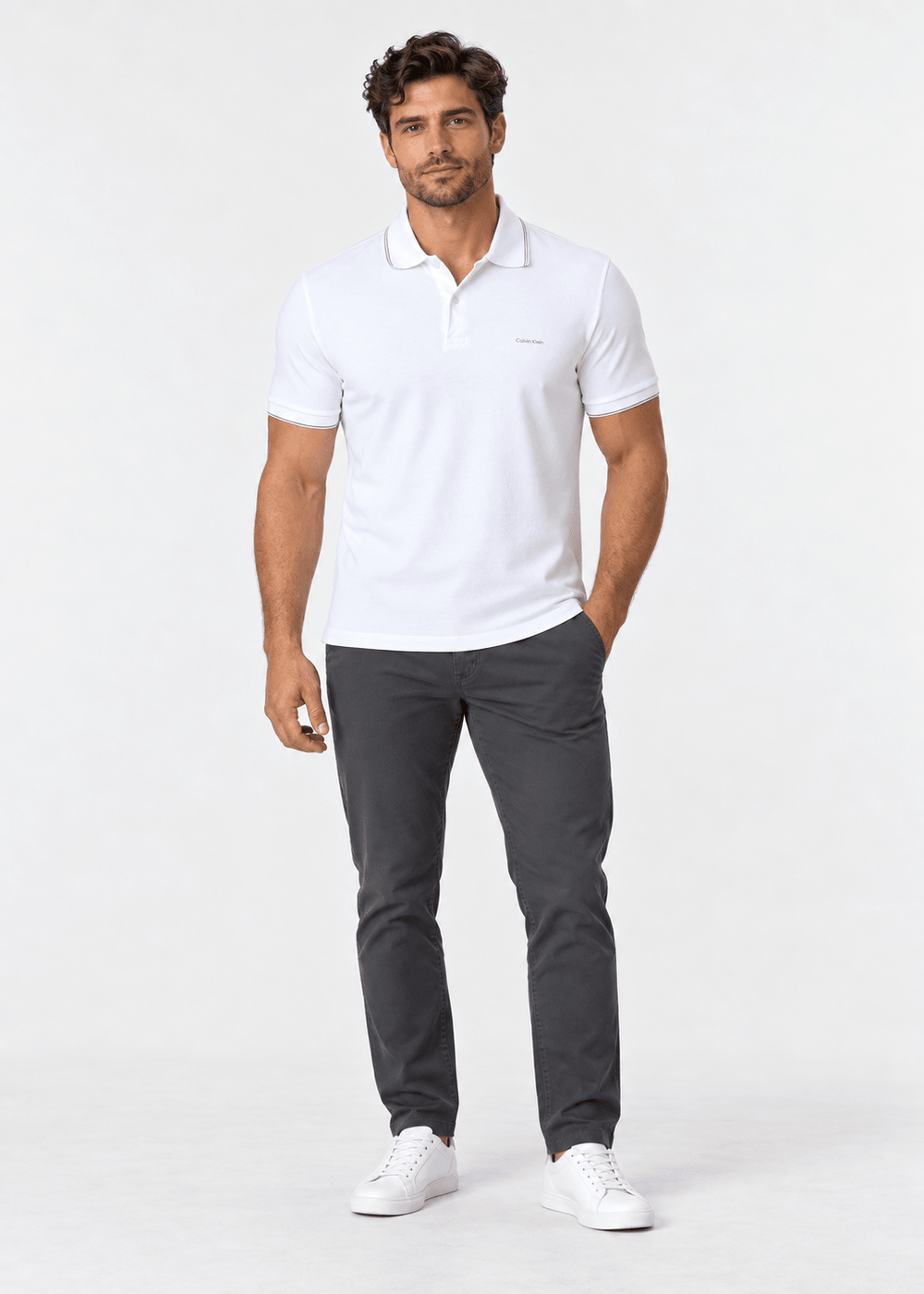 Polo Masculina Regular Fit Calvin Klein com Friso na Gola Branco - Henri StorePolo