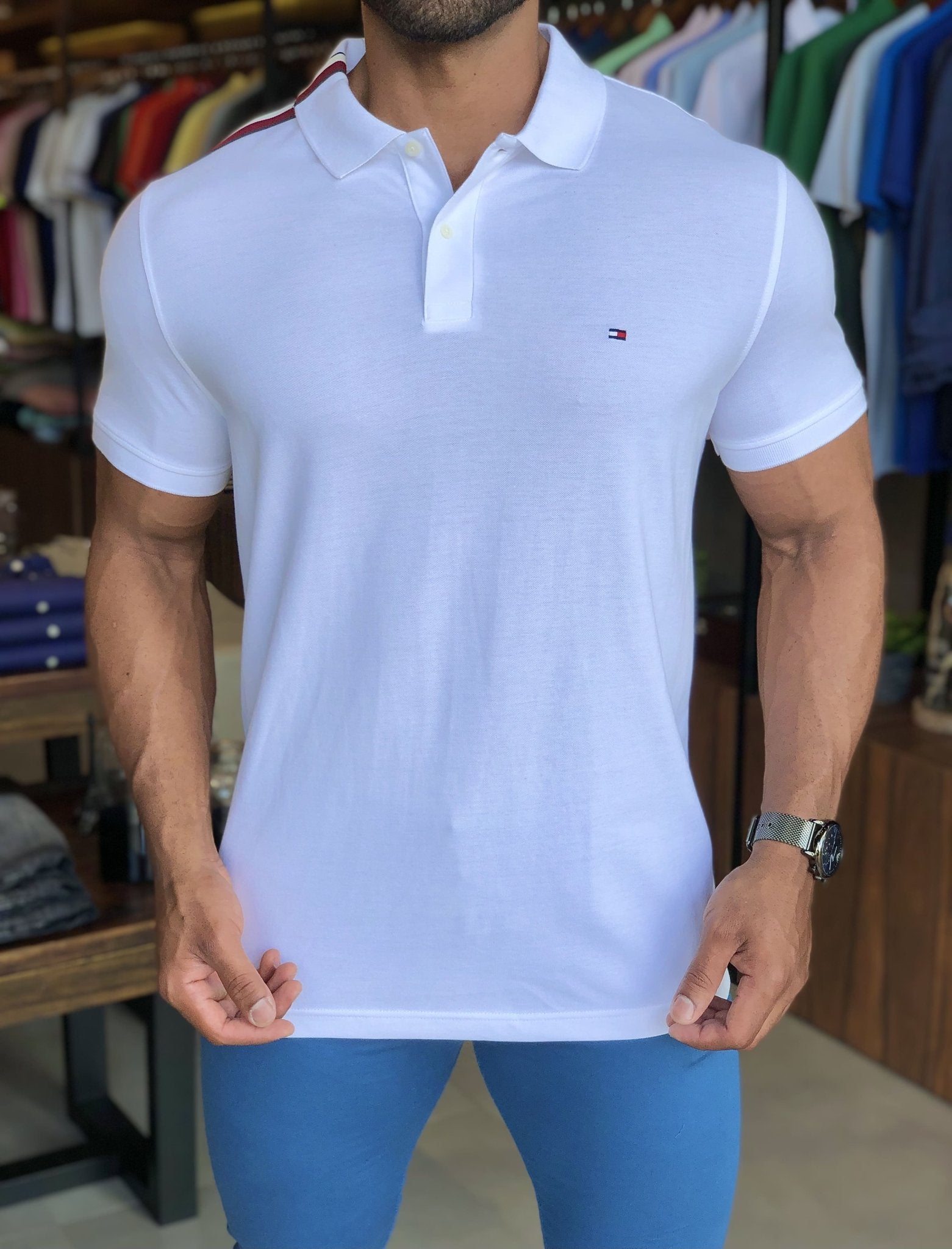 Polo Masculina Regular Fit Tommy Hilfiger Stripe Placement Branca - Henri Store