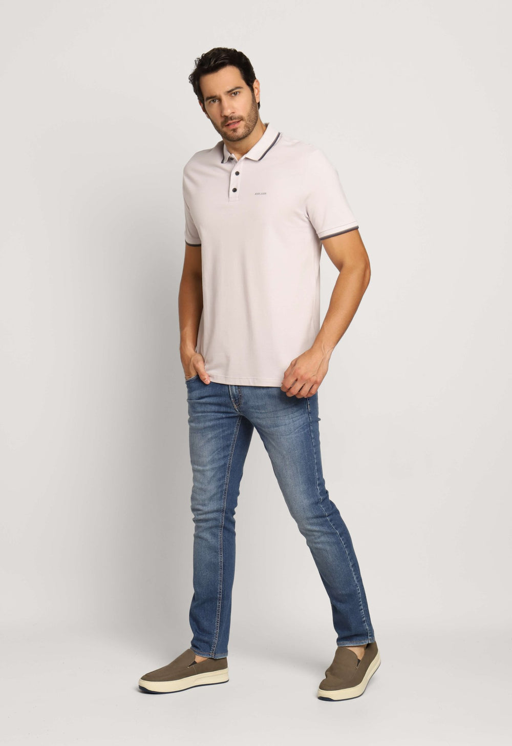 Polo Masculina Regular John John 2 Lines Cinza Claro - Henri Store