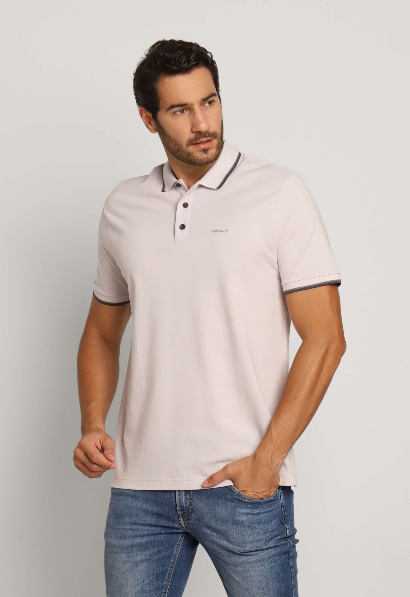 Polo Masculina Regular John John 2 Lines Cinza Claro - Henri Store