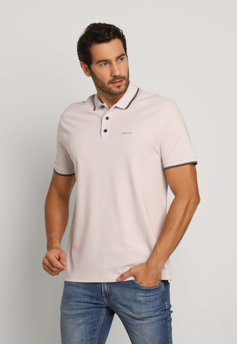 Polo Masculina Regular John John 2 Lines Cinza Claro - Henri Store