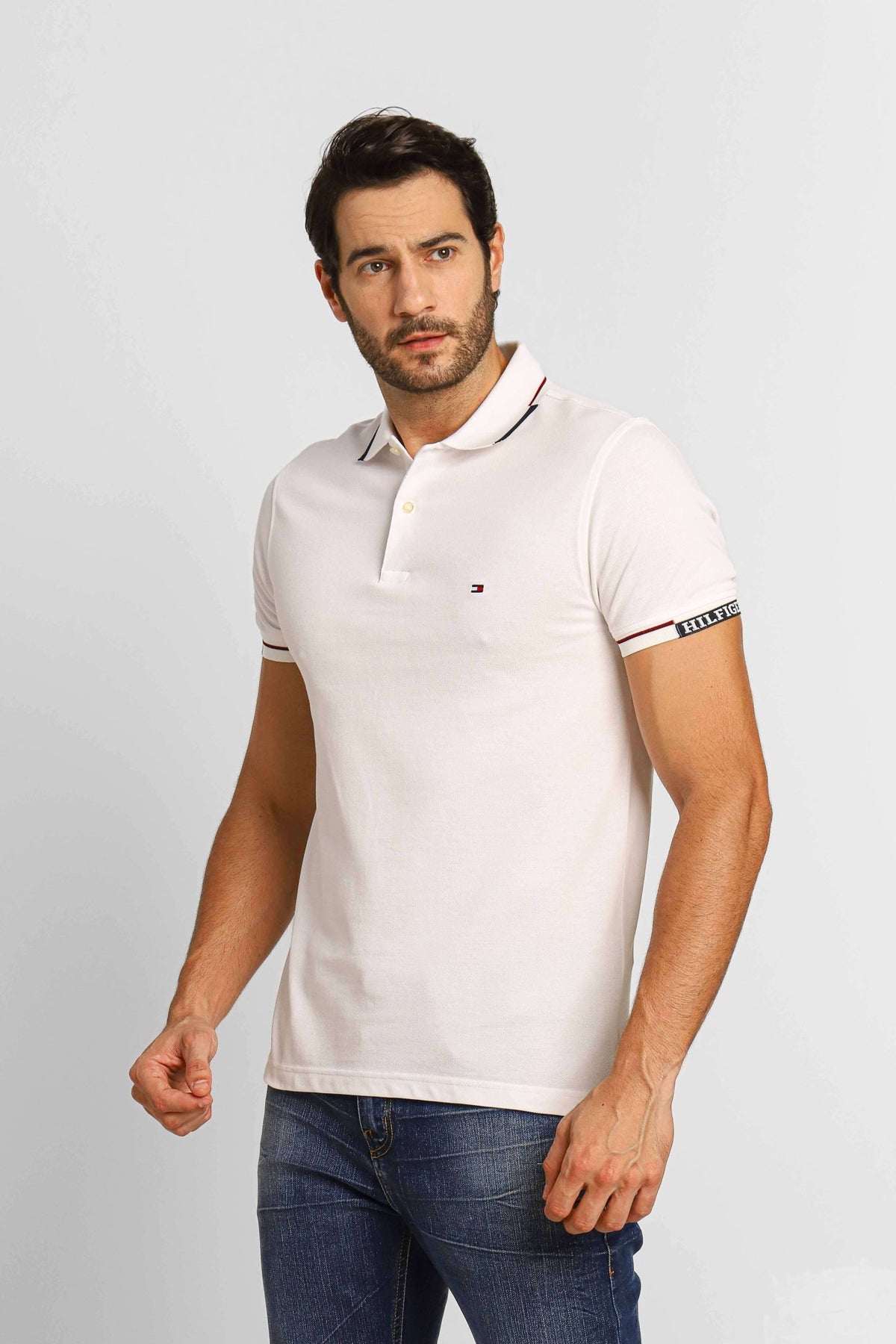Polo Masculina Slim Fit Tommy Hilfiger Cuff Branco - Henri Store