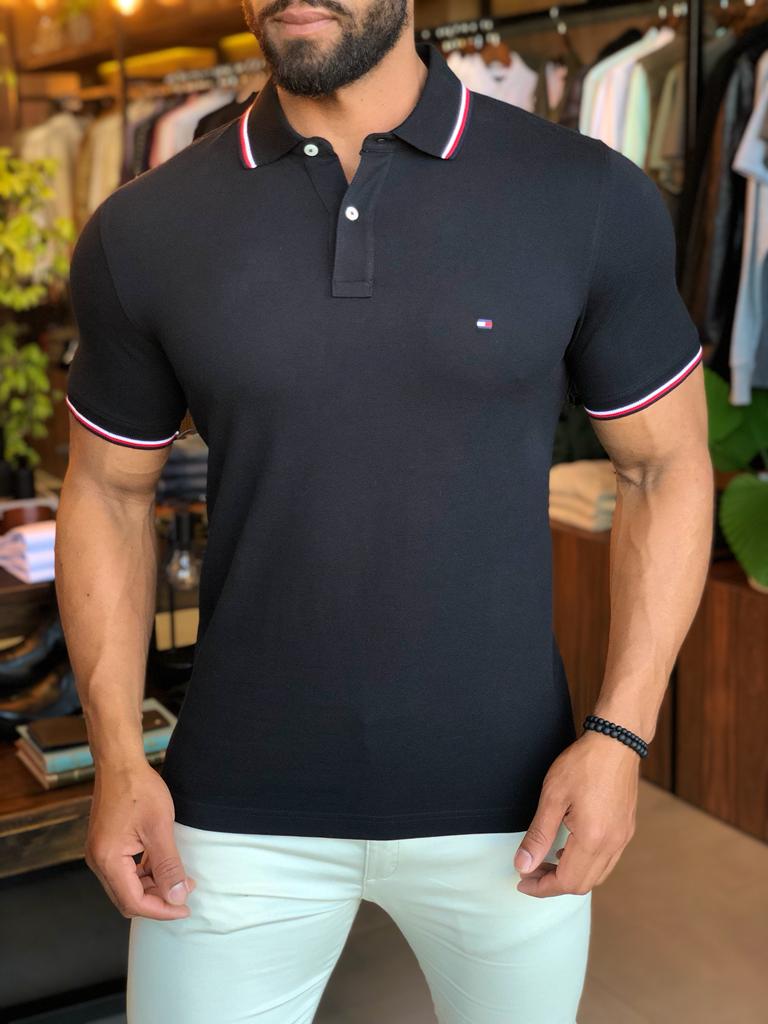 Polo Masculina Slim Fit Tommy Hilfiger Tipped Preto - Henri Store