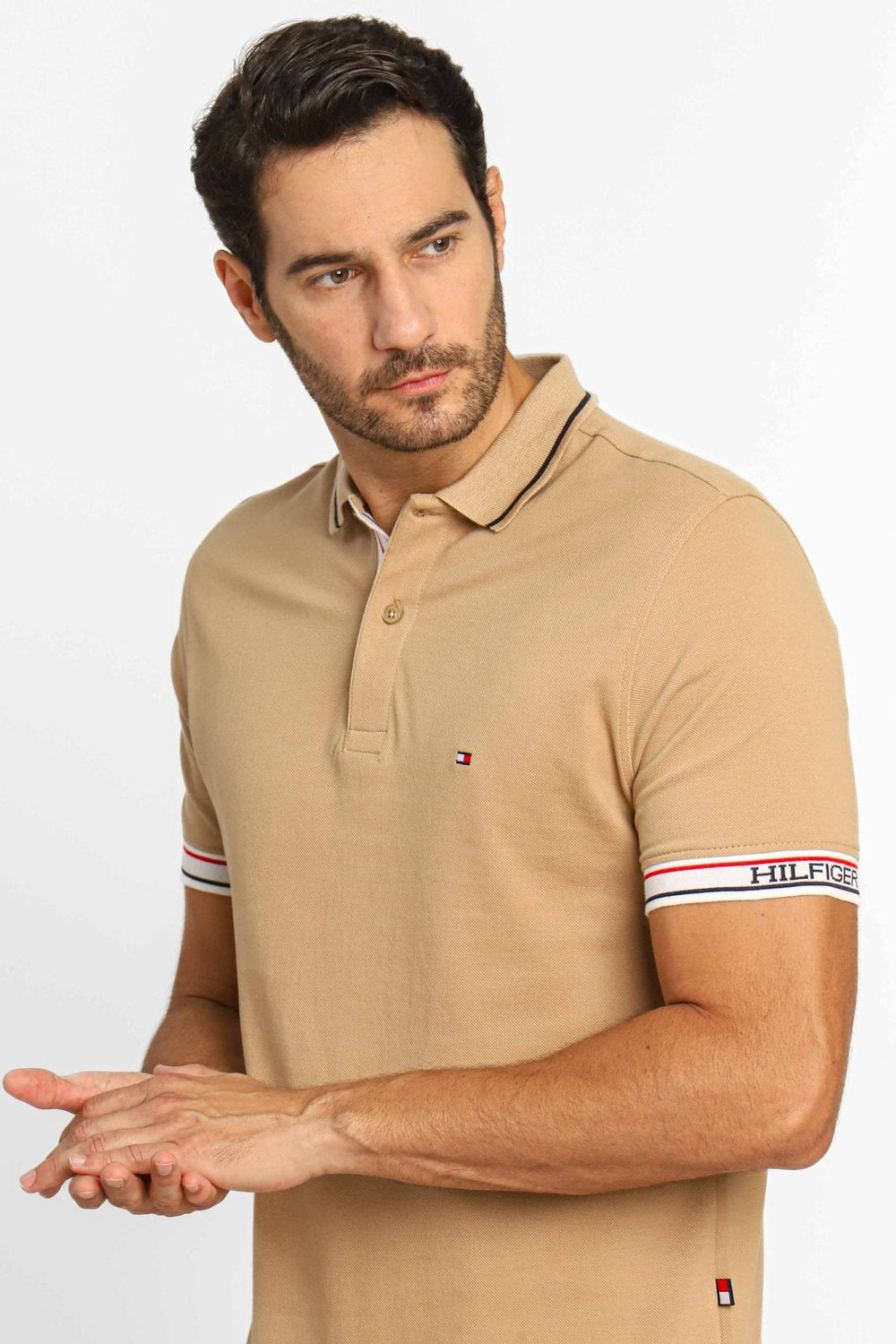 Polo Masculina Tommy Hilfiger Logo Punho Bege - Henri Store