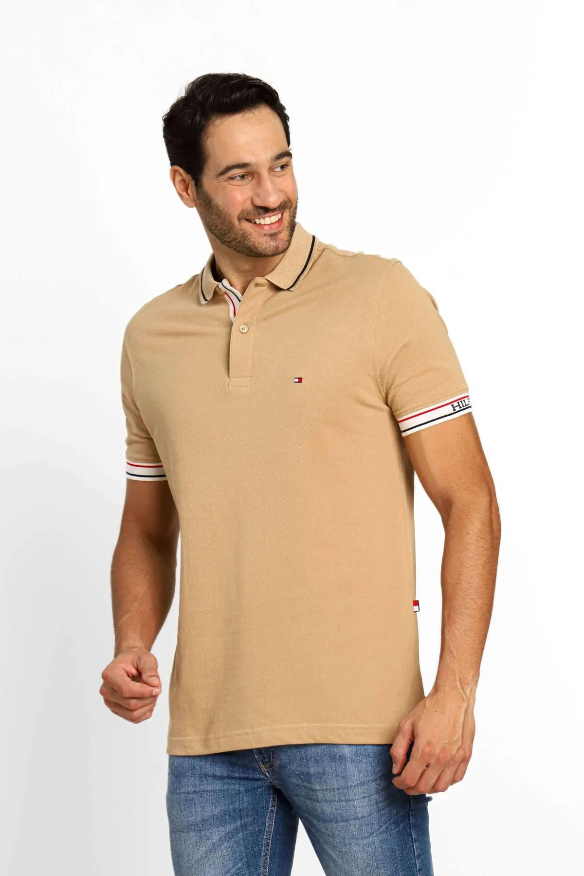Polo Masculina Tommy Hilfiger Logo Punho Bege - Henri Store