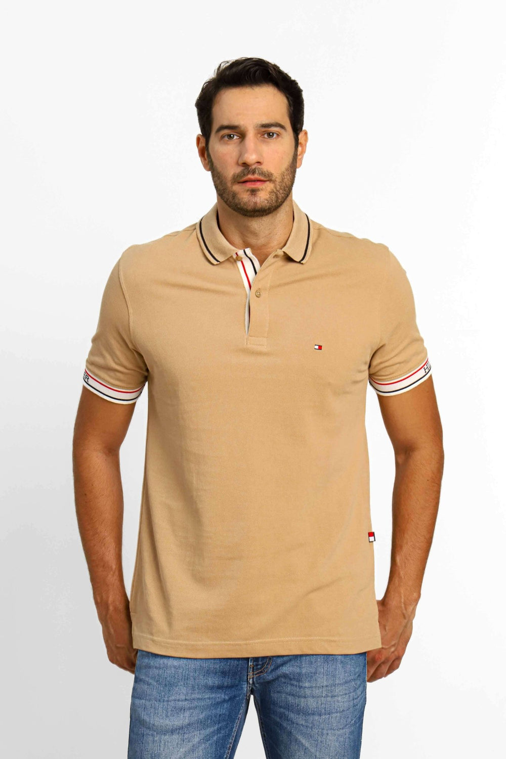 Polo Masculina Tommy Hilfiger Logo Punho Bege - Henri Store