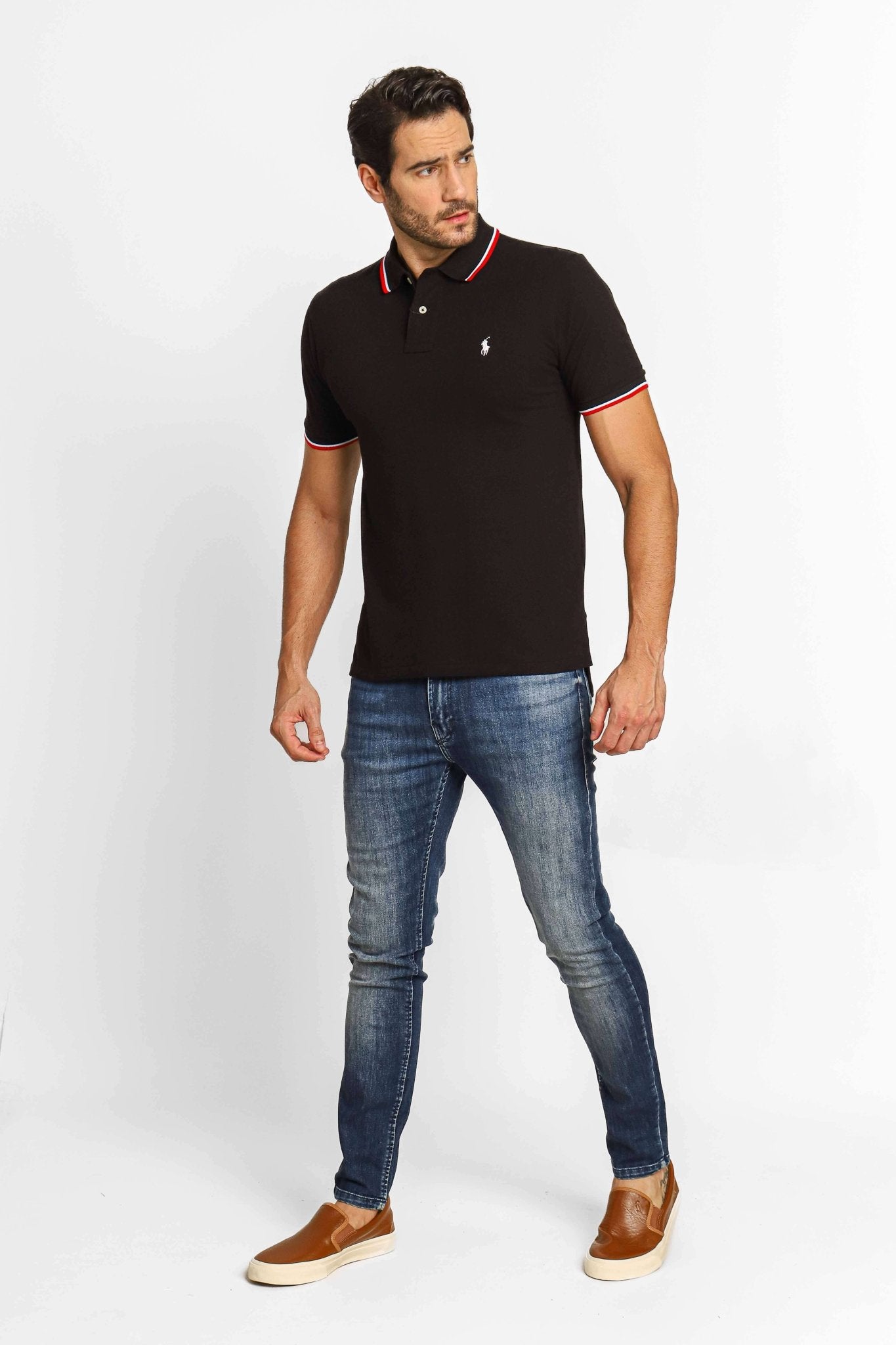 Polo RL Preta Friso Gola Small Poney Branco - Sale - Henri Store