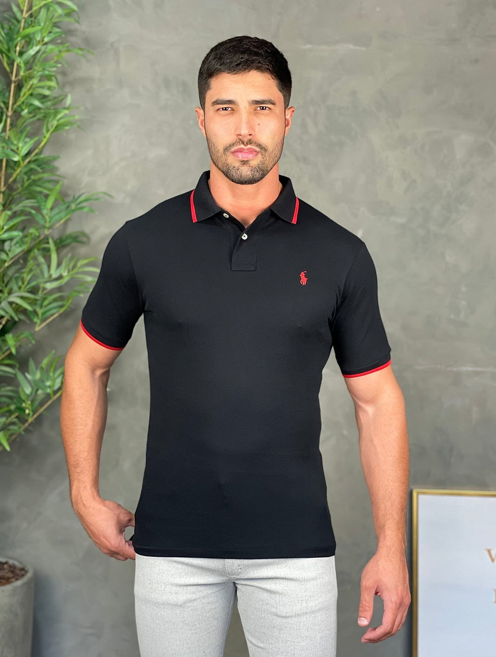 Polo RL Preta Frisos Small Ponei Vermelho - Henri Store