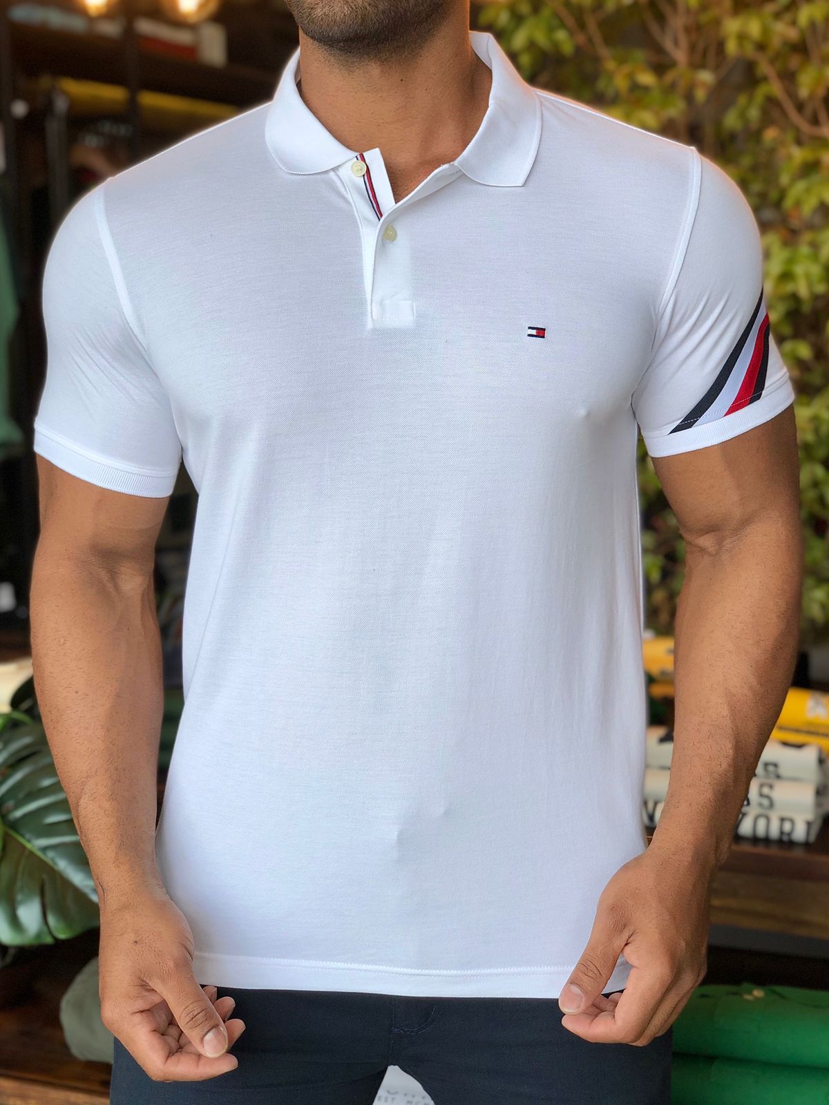 Polo Tommy Hilfiger Slim Fit Sleeve Tape Branca - Henri Store
