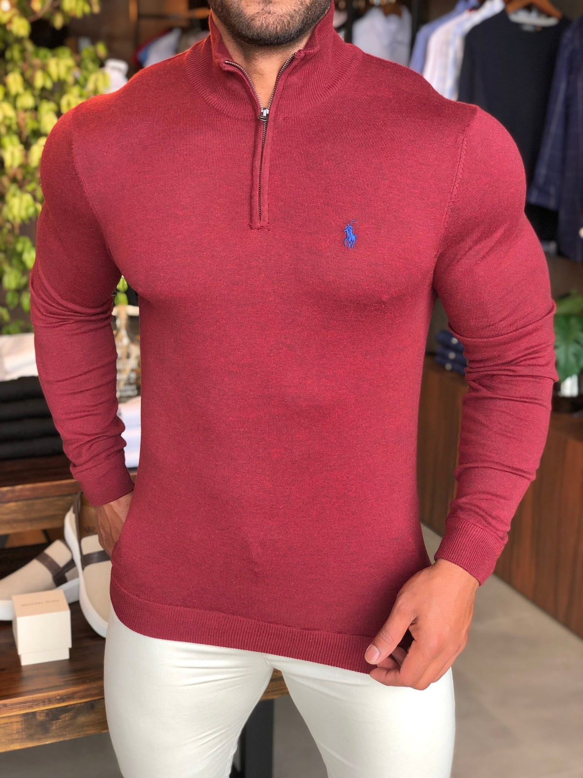 Suéter RL Gola Zíper Vermelho Poney Marinho - Henri Store