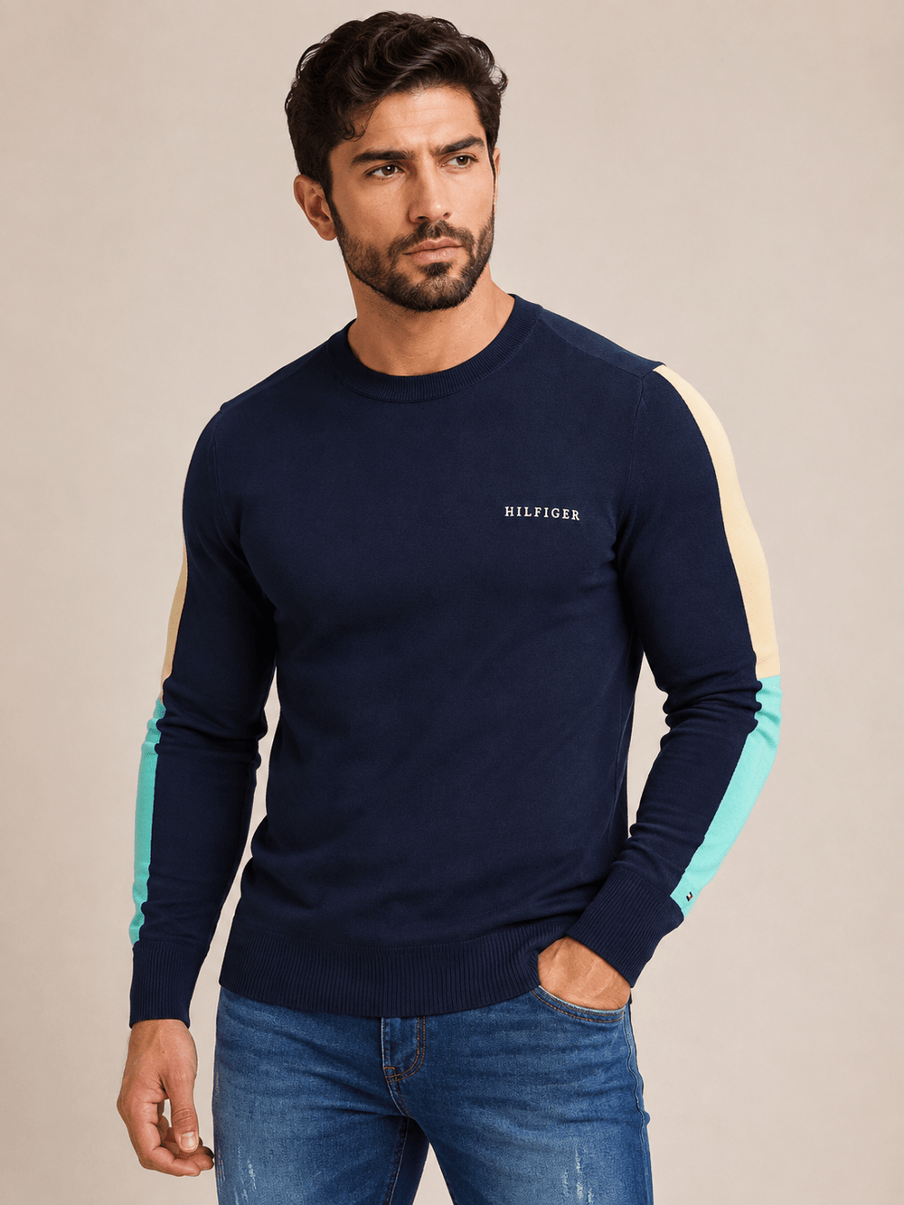 Sueter Tommy Hilfiger Masculino Azul Marinho Manga Colorida - Henri Store