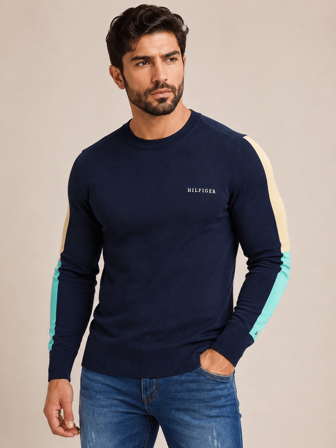Sueter Tommy Hilfiger Masculino Azul Marinho Manga Colorida - Henri Store