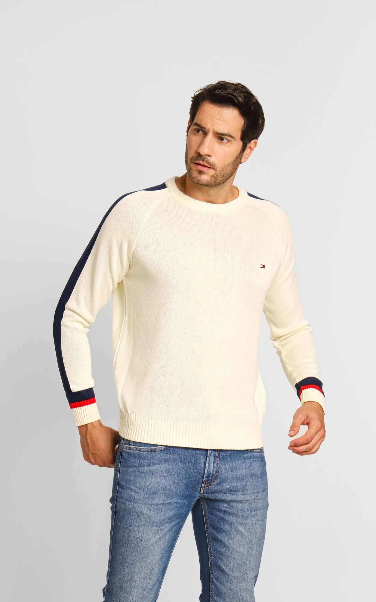 Suéter Tommy Hilfiger Masculino Off White Frisos Lateral - Henri Store