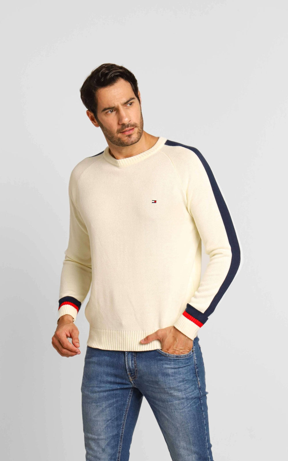 Suéter Tommy Hilfiger Masculino Off White Frisos Lateral - Henri Store