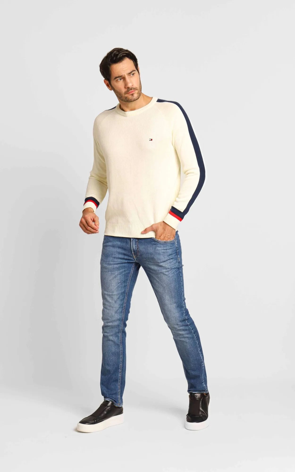 Suéter Tommy Hilfiger Masculino Off White Frisos Lateral - Henri Store
